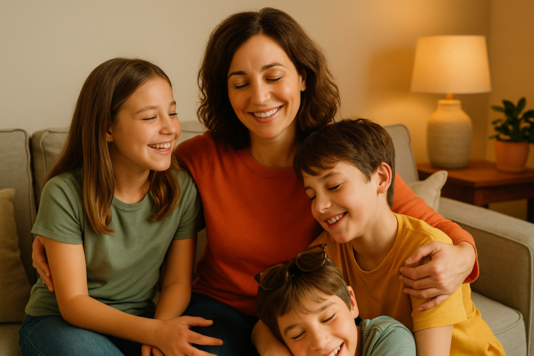 Madre compartiendo un momento tranquilo y cercano con sus hijos o pareja, con expresiones de serenidad y conexión genuina.