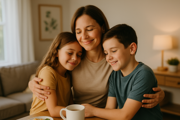 Madre abrazando a sus hijos en una escena hogareña, con expresión de paz y serenidad. La luz natural llena el ambiente de calidez.
