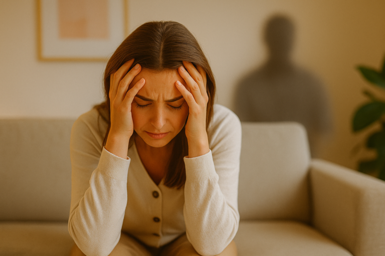 Mujer sentada en un sofá con la cabeza entre las manos o mirando al vacío, mientras al fondo se insinúa una sombra o figura borrosa que representa la culpa entrando en casa sin permiso.