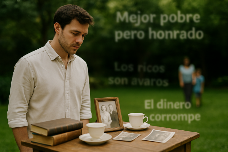Persona adulta observando una mesa donde hay objetos heredados (libros antiguos, vajilla, fotografías), mientras detrás aparecen frases borrosas como “mejor pobre pero honrado”, “los ricos son avaros”, “el dinero corrompe”.