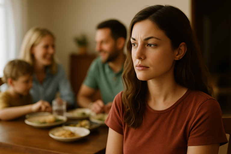 Mujer sentada en una mesa familiar o en un ambiente cotidiano, rodeada de personas pero mirando hacia otro lado, con gesto reflexivo. Se ve diferente, desconectada del ambiente.