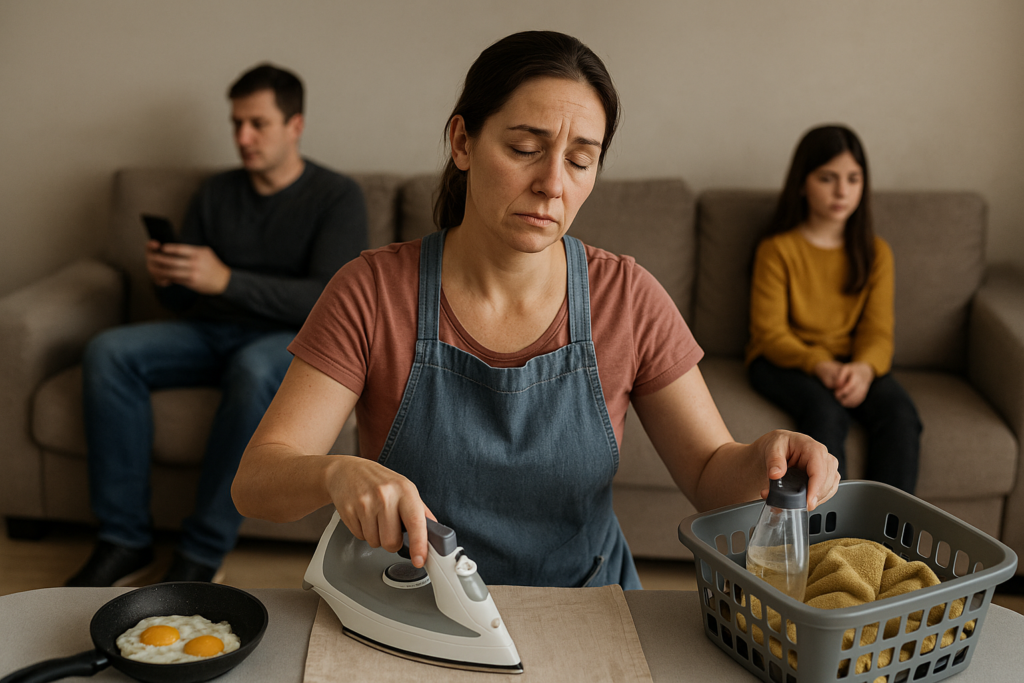 Mujer o madre realizando múltiples tareas a la vez en casa —cocinar, recoger, atender algo del trabajo— con expresión de agotamiento, mientras su familia está presente pero desconectada emocionalmente.