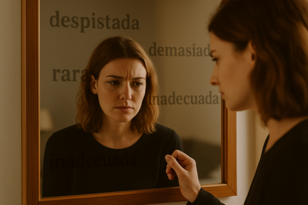 Primer plano de una mujer mirando su reflejo en un espejo, mientras alrededor del cristal aparecen palabras borrosas como “despistada”, “demasiado”, “rara”, “inadecuada”.