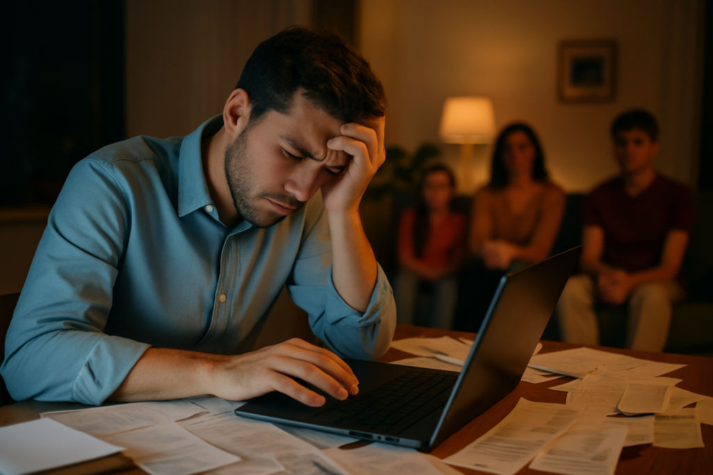 Hombre agotado trabajando frente al ordenador en horas tardías, rodeado de papeles y facturas, mientras su familia aparece al fondo esperando o desconectada afectivamente.