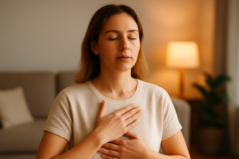 Mujer de pie o sentada con los ojos cerrados, practicando una respiración profunda; manos sobre el pecho o el abdomen, rostro relajado. Luz cálida y sensación de calma.