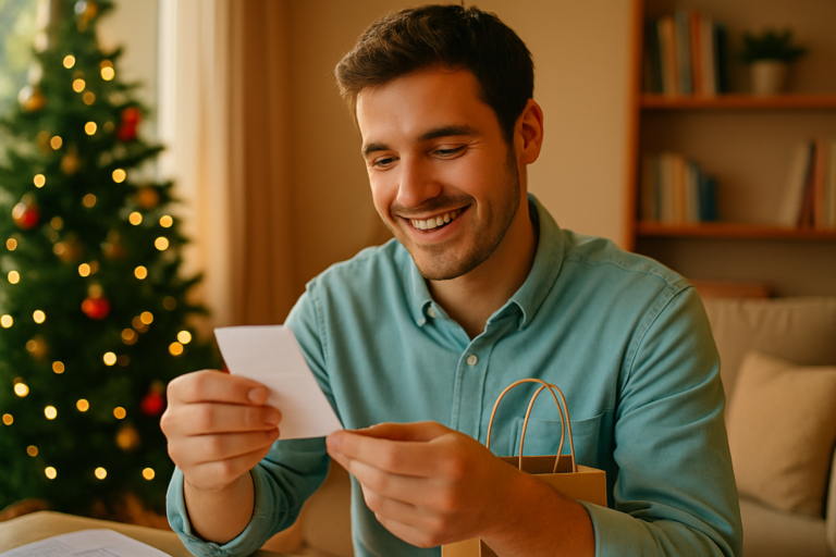 Persona sonriendo con alivio mientras revisa un pequeño gasto o compra personal, mostrando calma y aceptación. La luz cálida simboliza claridad y abundancia.