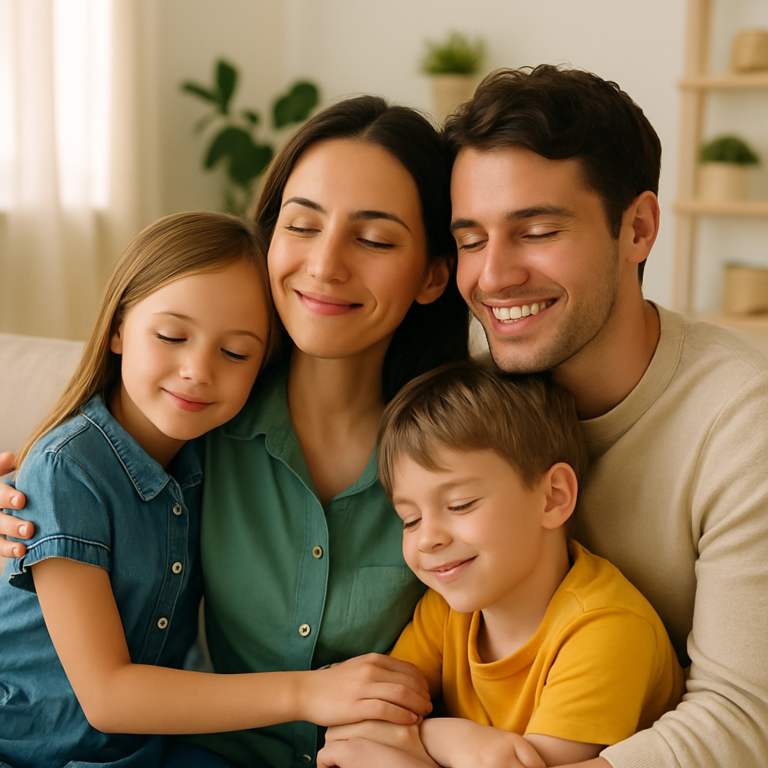 Mujer sonriendo con serenidad mientras comparte un momento cercano con su familia. Transmite calma, seguridad interna y autenticidad.