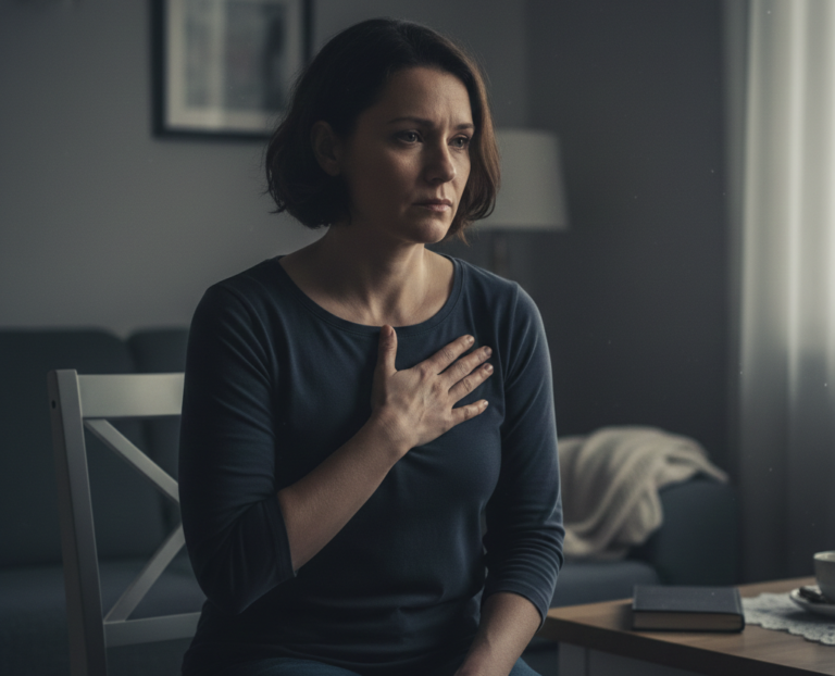 Persona adulta sentada en silencio, con la mano en el pecho y la mirada perdida, transmitiendo introspección y carga emocional contenida.