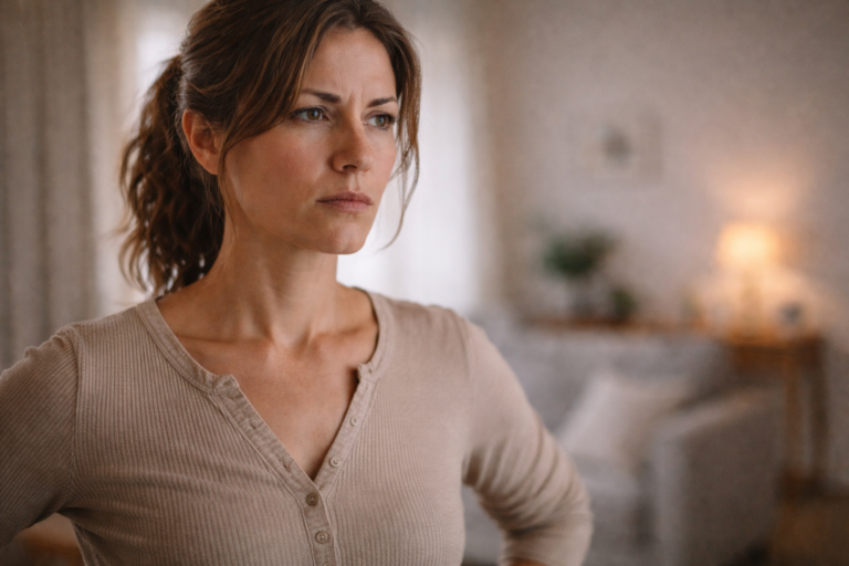Madre en un momento de tensión en casa, con el rostro serio y respiración contenida, mientras el entorno familiar se percibe cargado pero aún sin estallar.