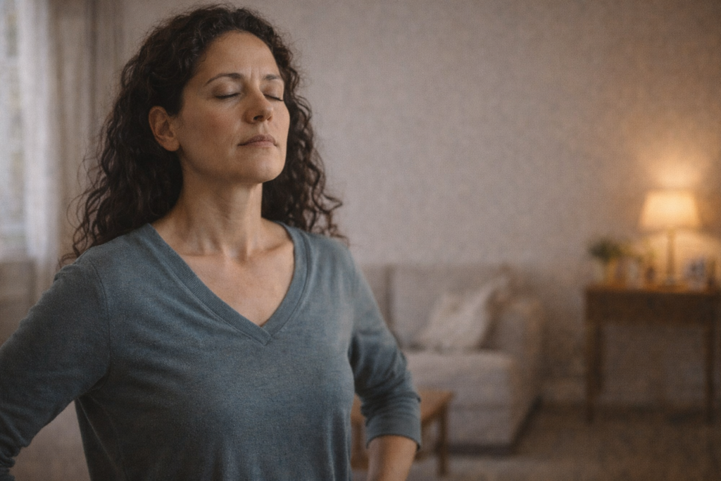 Mujer sola, con postura firme y mirada reflexiva, respirando profundamente en un espacio tranquilo, transmitiendo autocontrol y presencia.