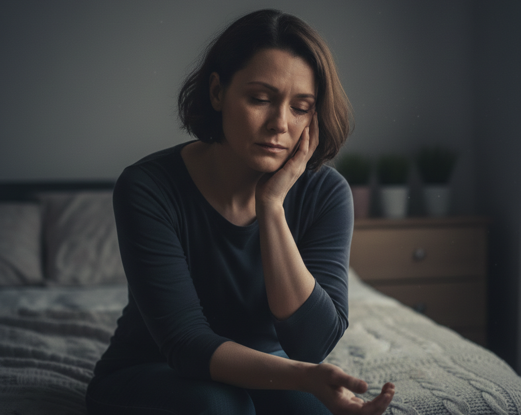 Persona adulta llorando de forma serena, con expresión vulnerable pero consciente, en un espacio íntimo y seguro.