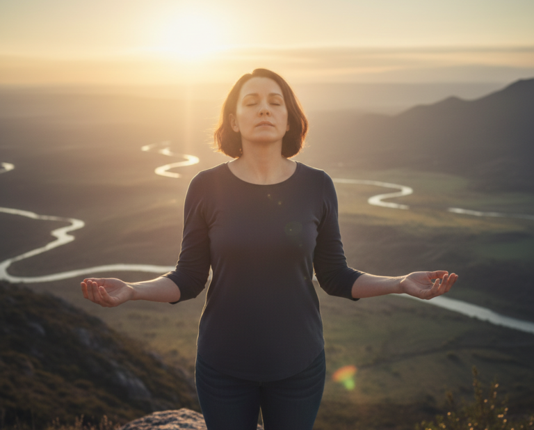Persona respirando profundamente con los ojos cerrados al amanecer o al atardecer, transmitiendo calma, presencia y conexión consigo misma.