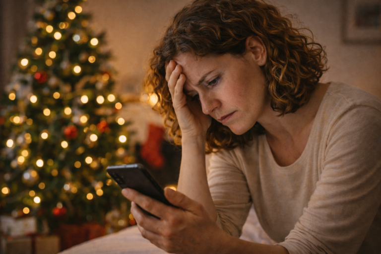 Mujer mirando el móvil con gesto de cansancio y frustración, rodeada de una decoración navideña sencilla, mientras se compara con lo qe ve en la pantalla.