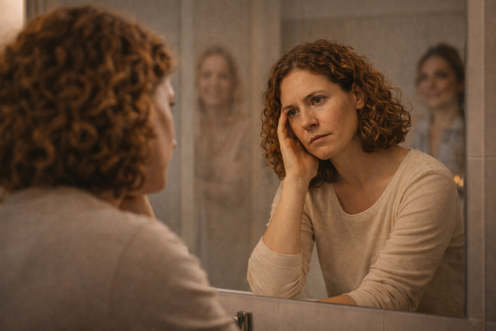 Mujer frente a un espejo del baño o del salón, observándose con expresión reflexiva, mientras en el reflejo se insinúan pensamientos de comparación y autojuicio.