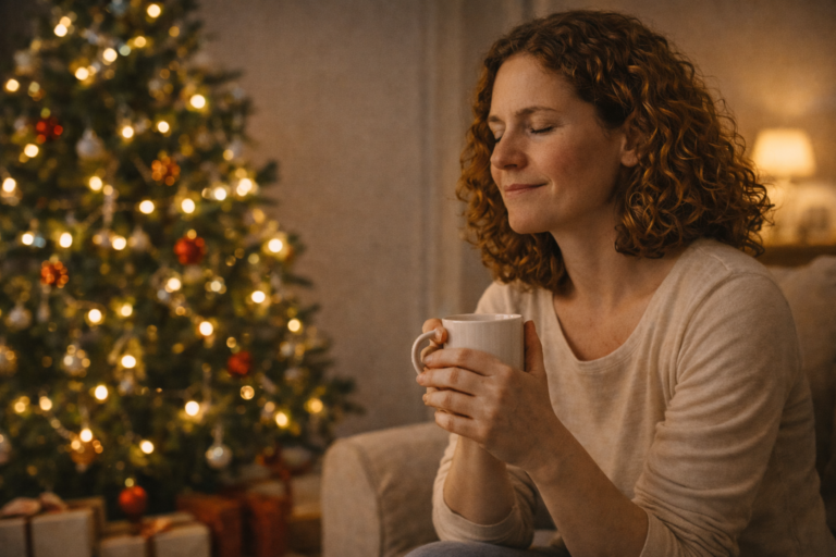 Mujer sentada tranquilamente junto a un árbol de Navidad sencillo, con una taza caliente en las manos y expresión de paz y presencia.