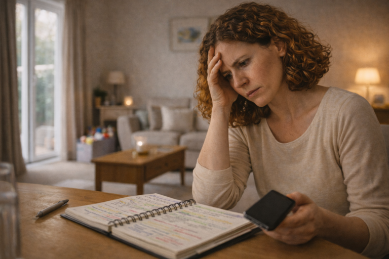 Mujer revisando una agenda llena de anotaciones mientras observa una casa ordenada pero con gesto de cansancio y tensión.