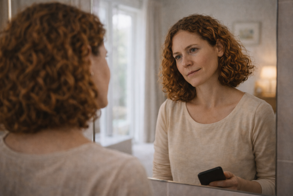 Mujer frente a un espejo, mirándose con expresión reflexiva y serena, en un ambiente tranquilo y luminoso.