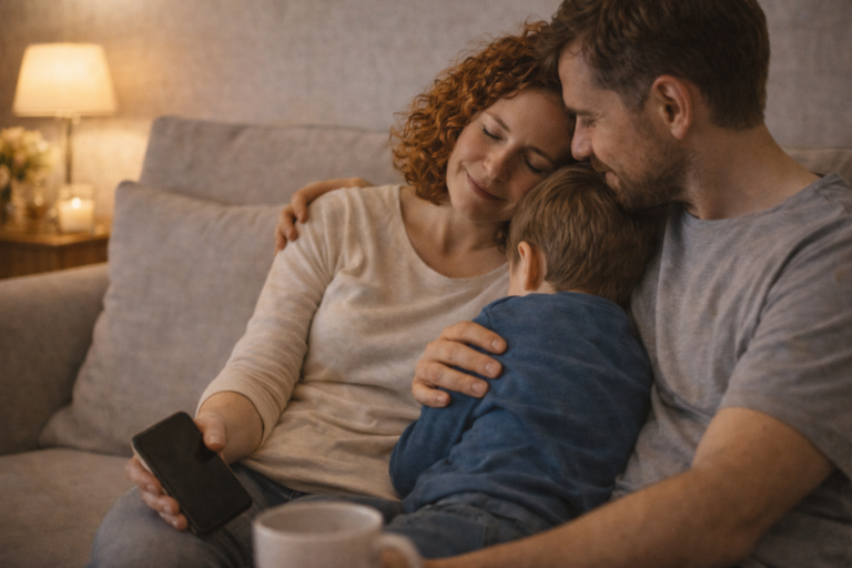 Mujer compartiendo un momento tranquilo con su familia en un ambiente sencillo, con gestos de cercanía y presencia.