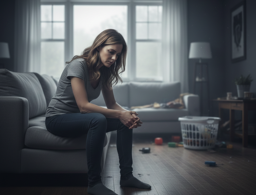 Mujer sola en casa, sentada en silencio en el sofá, con expresión de cansancio y alivio contenido.