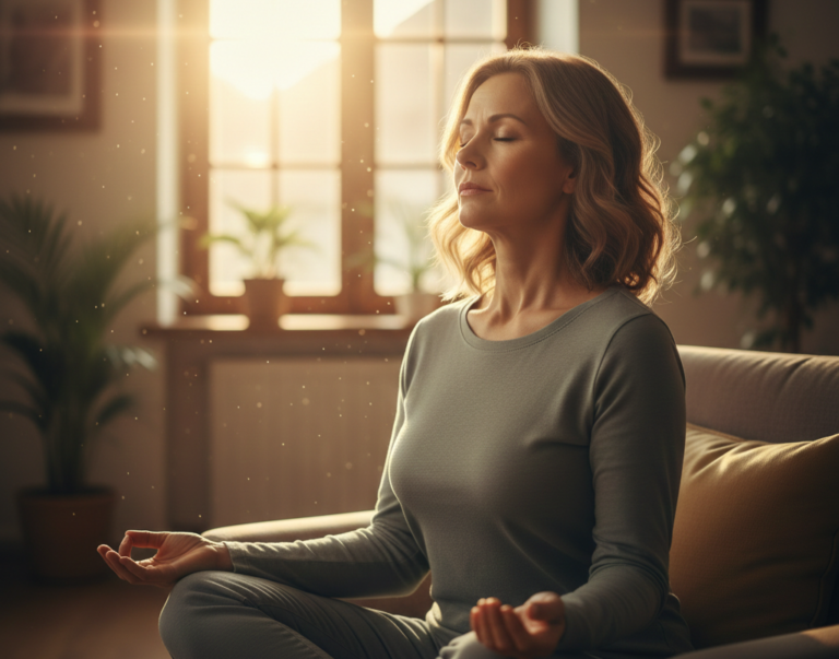 Madre respirando profundamente en un espacio tranquilo al amanecer, transmitiendo serenidad y presencia consciente.