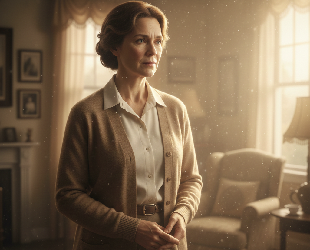 Persona adulta mirando hacia la luz con expresión serena, mostrando aceptación y comprensión interior.