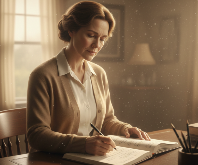 Persona escribiendo en un cuaderno en un espacio tranquilo, en actitud introspectiva y consciente.