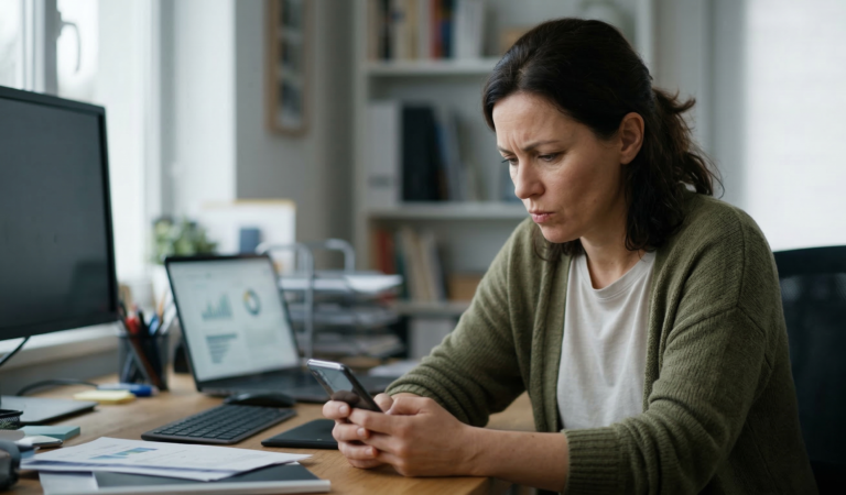 Mujer sentada en una oficina mirando su teléfono con expresión de preocupación, como si estuviera dudando antes de tomar una decisión importante.