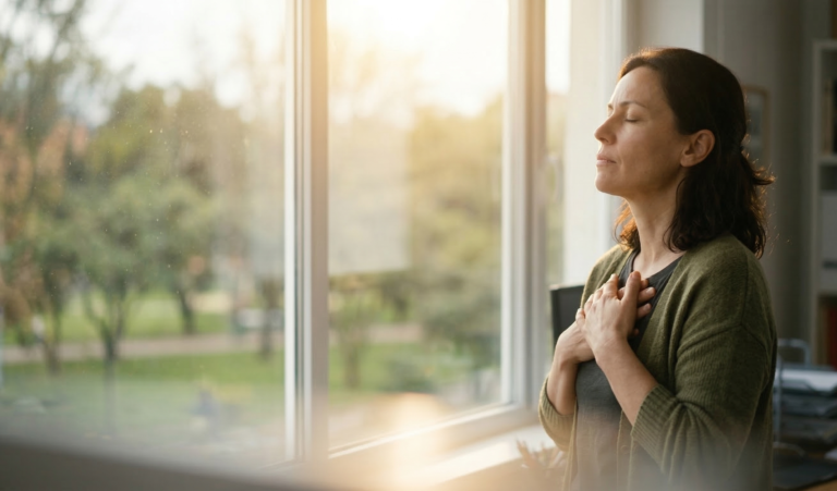 Mujer de pie respirando profundamente frente a una ventana con luz natural entrando, transmitiendo calma y claridad mental.
