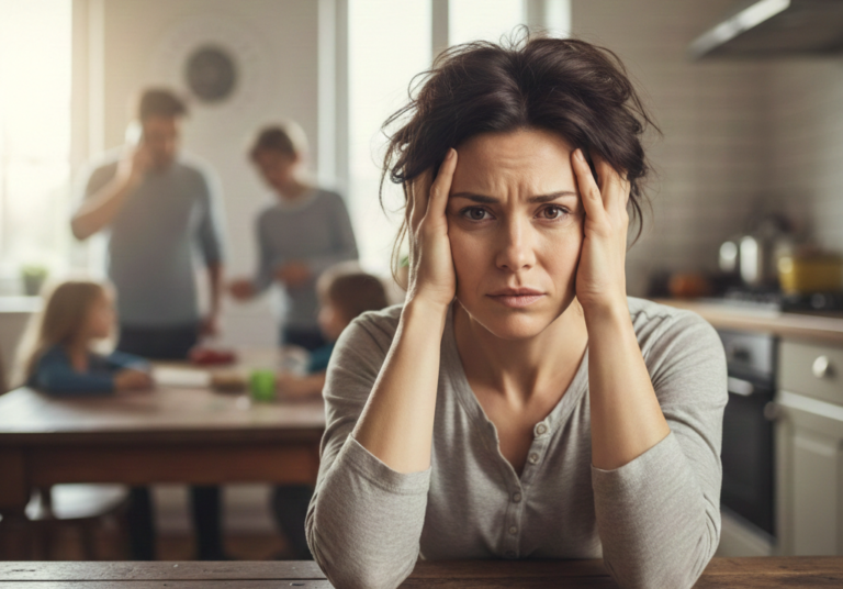 Mujer con expresión de tensión en un ambiente doméstico mientras al fondo se percibe movimiento familiar desenfocado. Su postura refleja sobrecarga emocional.