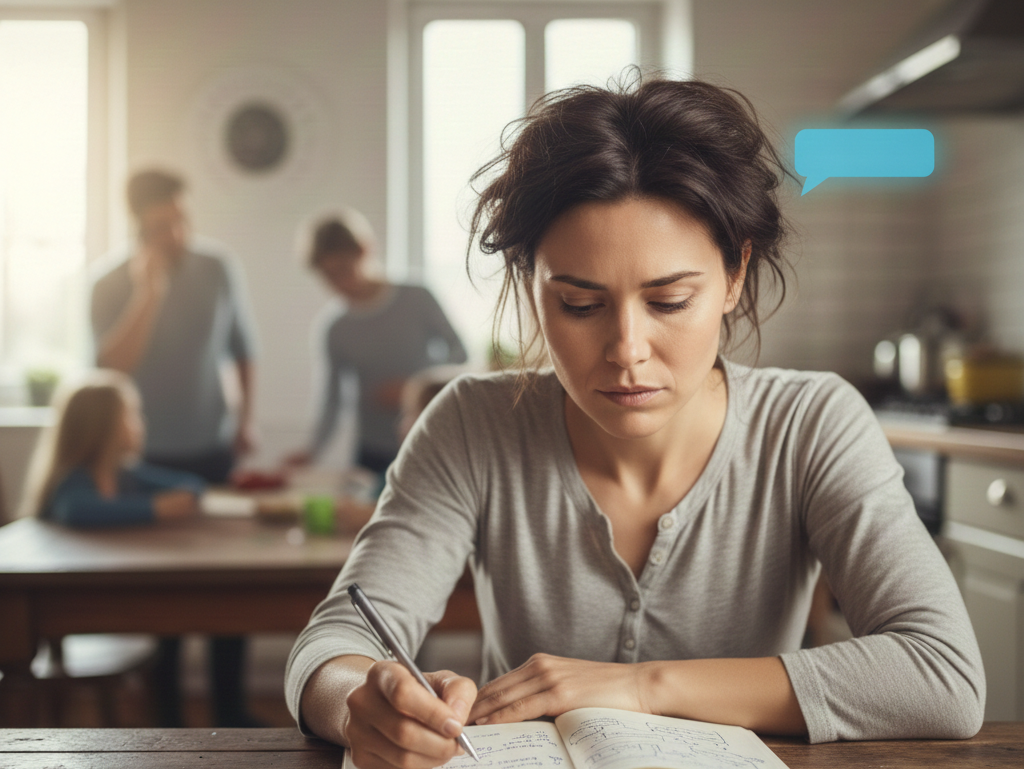 Mujer sentada en una mesa con un cuaderno abierto, mirando hacia abajo con expresión reflexiva mientras escribe.