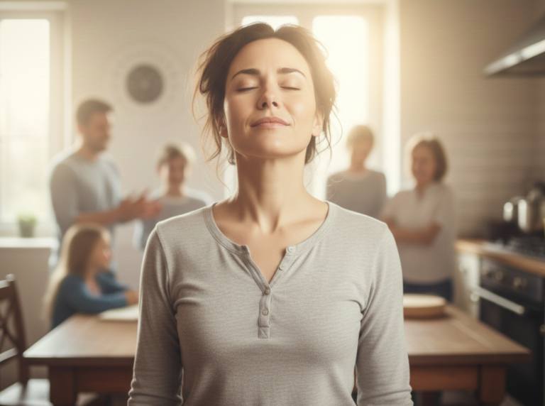 Mujer respirando profundamente en un espacio luminoso, con expresión serena y postura firme, transmitiendo seguridad interior.