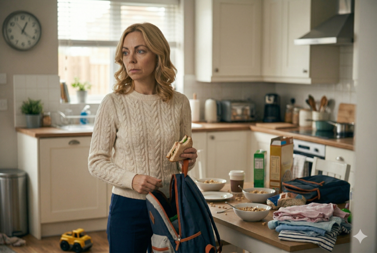 Mujer en casa mirando hacia el vacío mientras sostiene objetos cotidianos del hogar, con expresión de desconexión y cansancio.