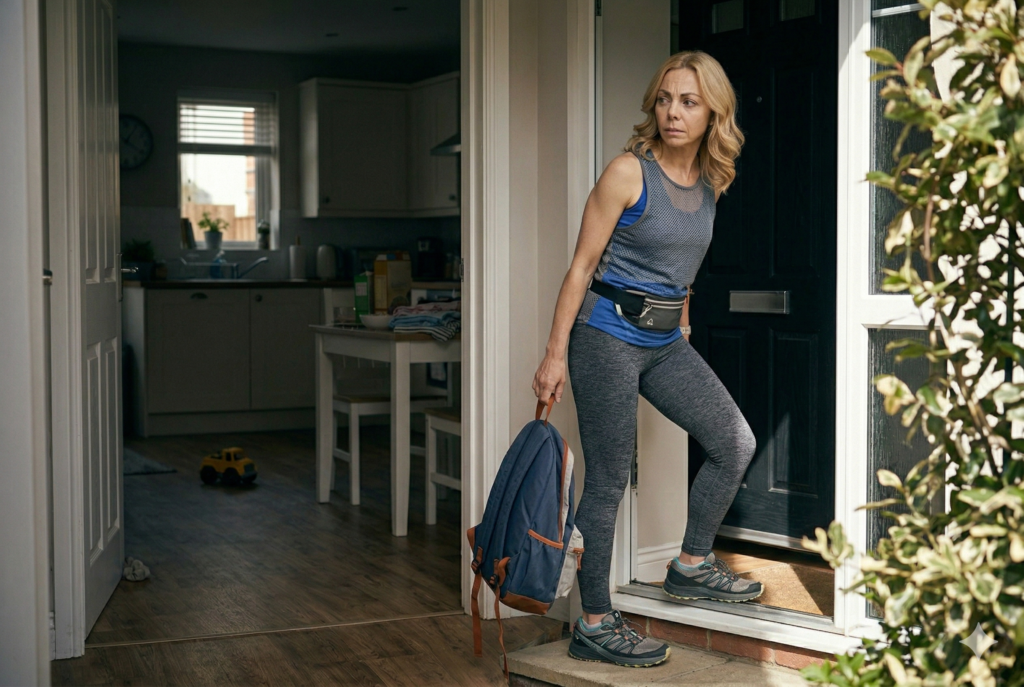 Mujer saliendo de casa con ropa deportiva, pero mirando hacia atrás con expresión de duda y culpa.
