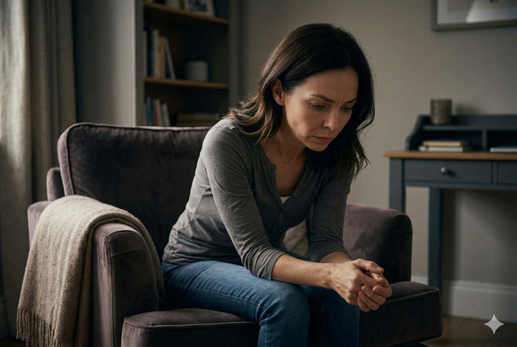 Mujer sentada sola en silencio, con mirada hacia abajo y expresión de culpa, en un ambiente tranquilo pero emocionalmente cargado.