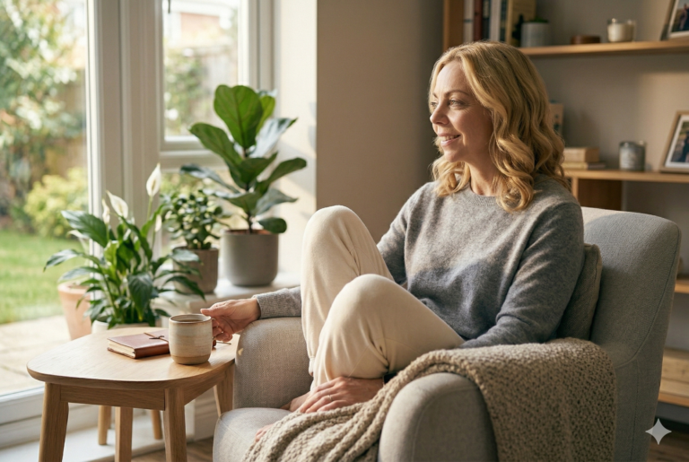 Mujer sonriendo suavemente en un momento de calma personal, sentada en un espacio luminoso y tranquilo.