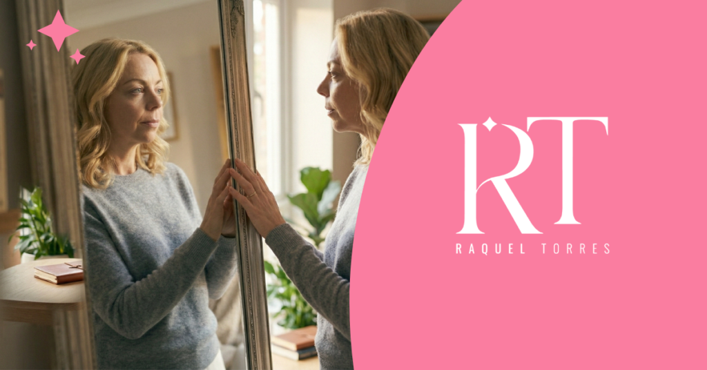 Mujer frente a un espejo con expresión introspectiva, tocando suavemente su reflejo, en un ambiente cálido y luminoso que transmite calma y reconexión personal.