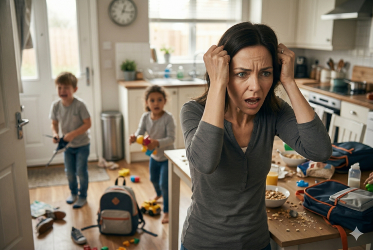 Madre en casa durante la mañana con expresión de frustración y tensión mientras el ambiente refleja prisa y movimiento.