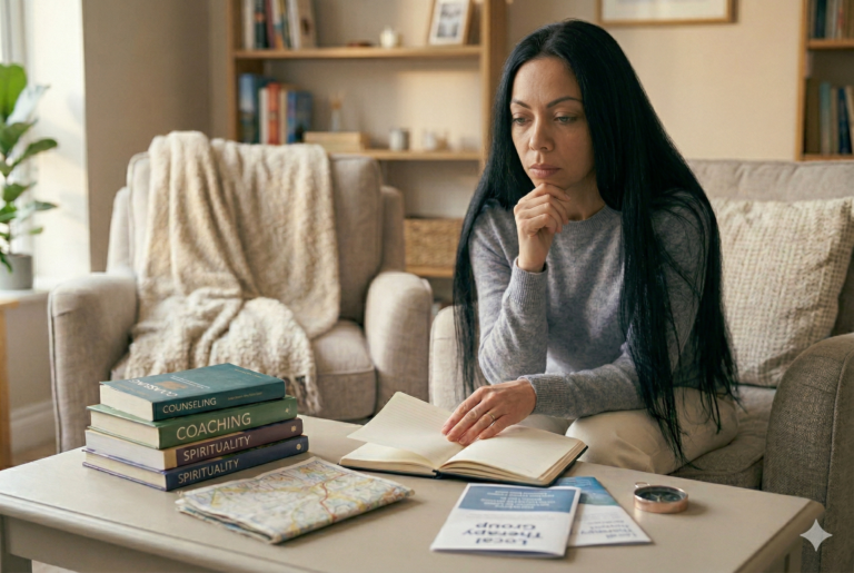 Mujer sentada con expresión pensativa frente a varias opciones o caminos, reflejando duda sobre qué decisión tomar.