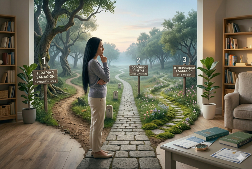 Persona observando tres caminos o direcciones diferentes con actitud reflexiva, como si estuviera analizando cuál elegir.