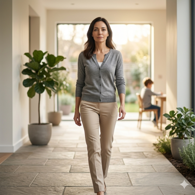 Mujer caminando con seguridad hacia adelante en un entorno luminoso, transmitiendo calma y decisión.